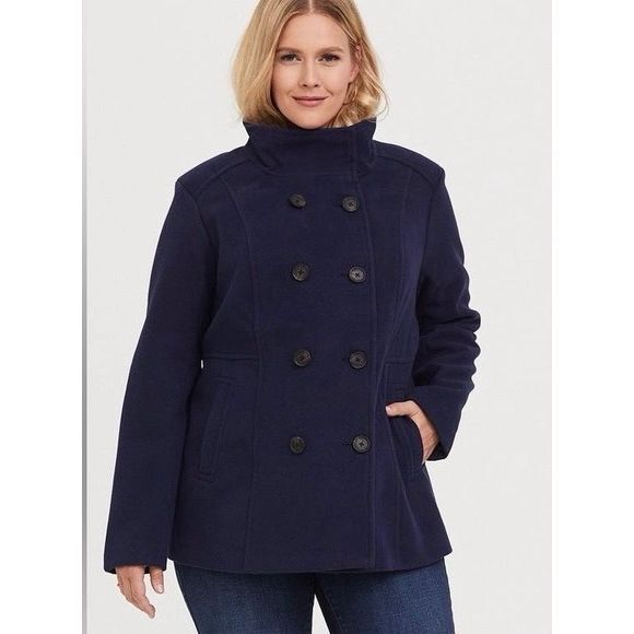 Torrid 4X Navy Blue Peacoat Double Breasted Funnel Neck Winter Jacket Plus Size - Picture 2 of 11